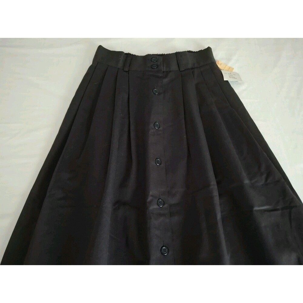 Vtg 80s Black Pleated Twill Skirt Front-Button Cotton Blend NWT Sz 2